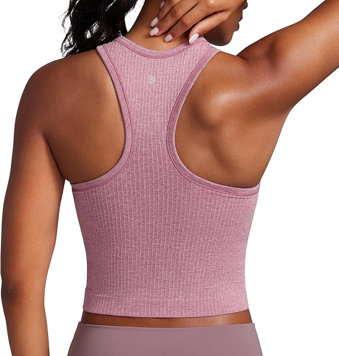 CRZ YOGA Seamless Ribbed High Neck Crop Tank Tops for Women - Longline Racerback Padded Sports Bras