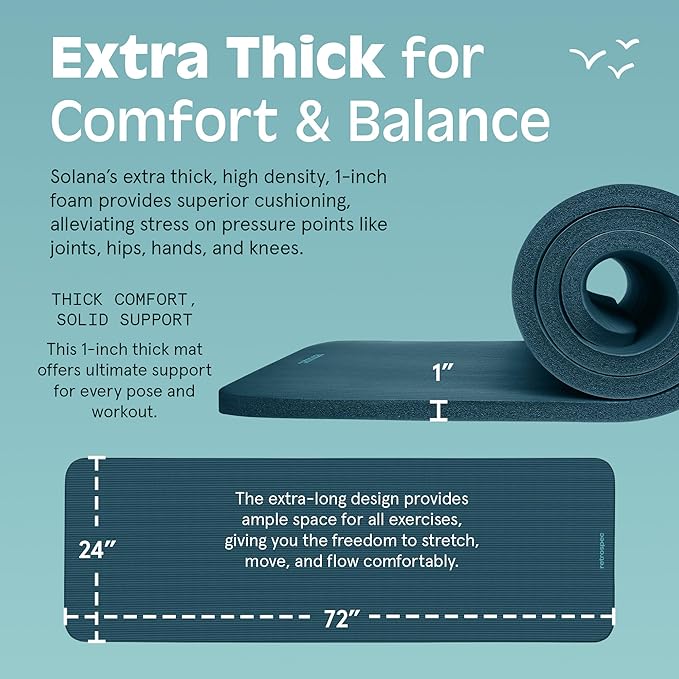 Retrospec Solana Yoga Mat 1" Thick w/Nylon Strap for Men & Women - Non Slip Exercise Mat for Home Yoga, Pilates, Stretching, Floor & Fitness Workouts