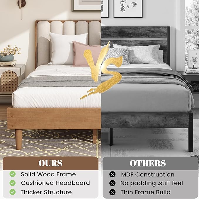Wood King Size Bed Frame with Upholstered Tufted Headboard, Solid Wood Platform Bed,Mid-Century Style,No Box Spring Required, Easy Assembly,Wheat