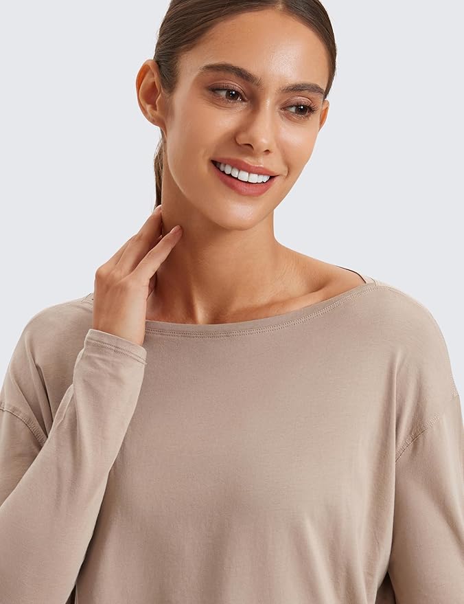 CRZ YOGA Pima Cotton Boat Neck Long Sleeve Shirts for Women - Workout Athletic Yoga Casual Tops Loose Fit Fall T-Shirts