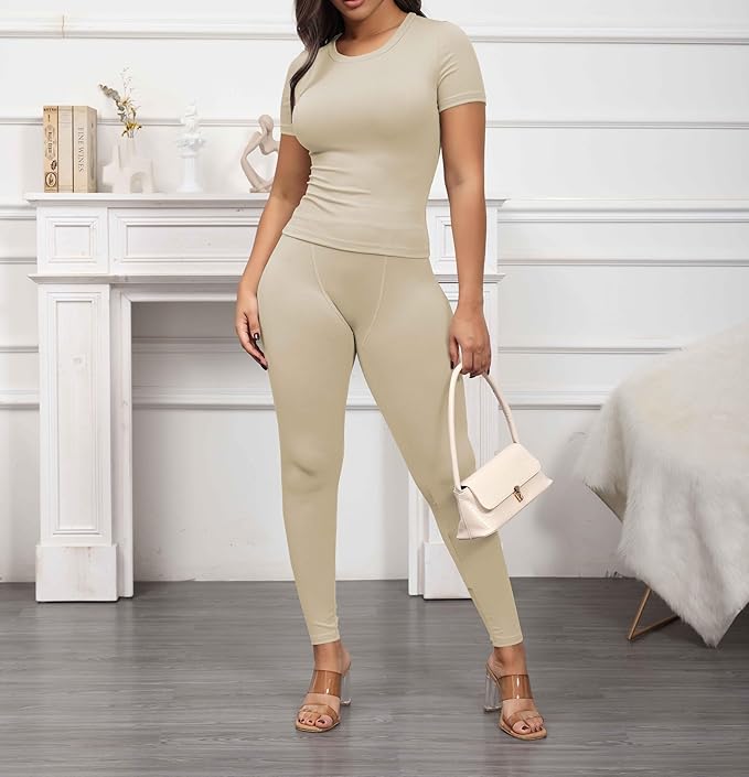 PINSV 2 Piece Sets for Women Summer Casual Jogger Workout Outfits Fitted Crew Neck T-shirt High Waist Legging Sets