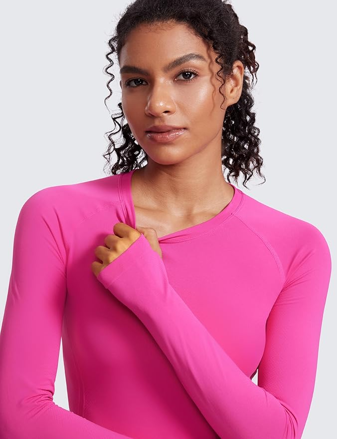 CRZ YOGA Seamless Long Sleeve Shirts for Women Waist Length - Workout Athletic Running Gym Yoga Tops Crewneck Breathable