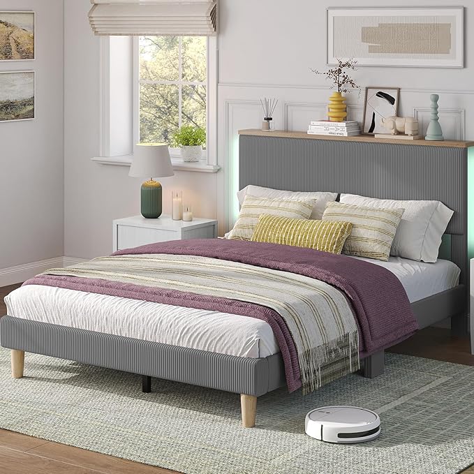 Bestier Queen Bed Frame with Adjustable Headboard & LEDLighting, Corduroy Upholstered Platform Bed Frame withStorage Shelf, Solid Wood Slats, No Box Spring Needed,Never Squeak, Easy Assembly, Grey