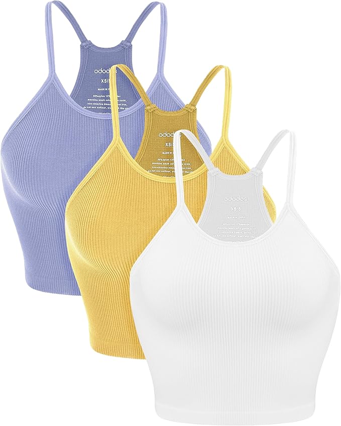 ODODOS Women's Crop 3-Pack Seamless Rib-Knit Camisole Crop Tank Tops