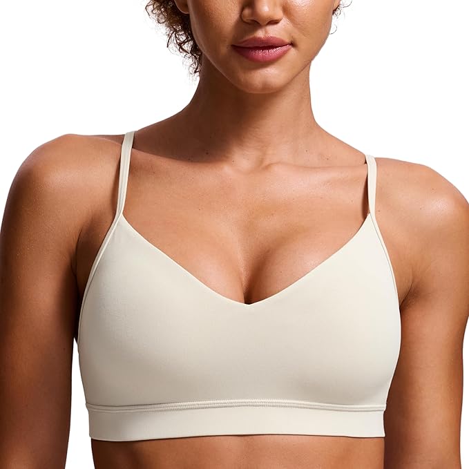 CRZ YOGA Butterluxe V-Neck Sports Bras for Women - Adjustable Thin Straps Padded Yoga Top Basic Wireless Camisole
