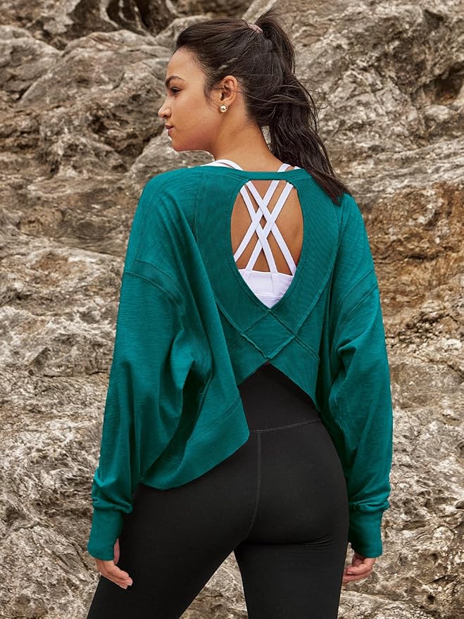 Panadila Womens Open Back Workout Top Long Sleeve Athletic Shirts Casual Crop Running Tee Y2k Yoga