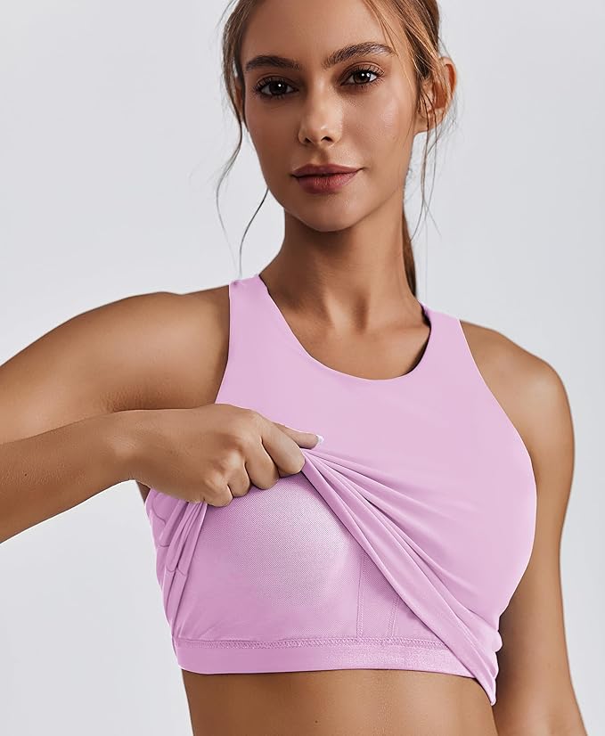 PINSPARK Women Sports Bra High Neck Racerback Workout Crop Tank Top Longline Padded Yoga Tops with Built in Pads