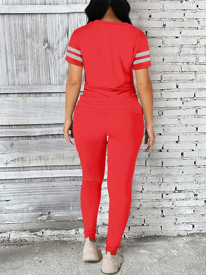Two Piece Sets for Women Summer Short Sleeve Striped Crewneck Slim Fit Active Casual Sweatsuits