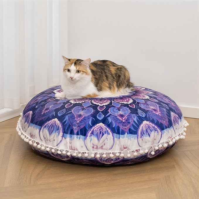Meditation Cushion 32 Inch Round, Extra Thick Memory Foam Floor Pillow with Removable Washable Cover, Bohemian Mandala Yoga Cushion for Adults - Ideal Gift & Holiday Decor, Purple