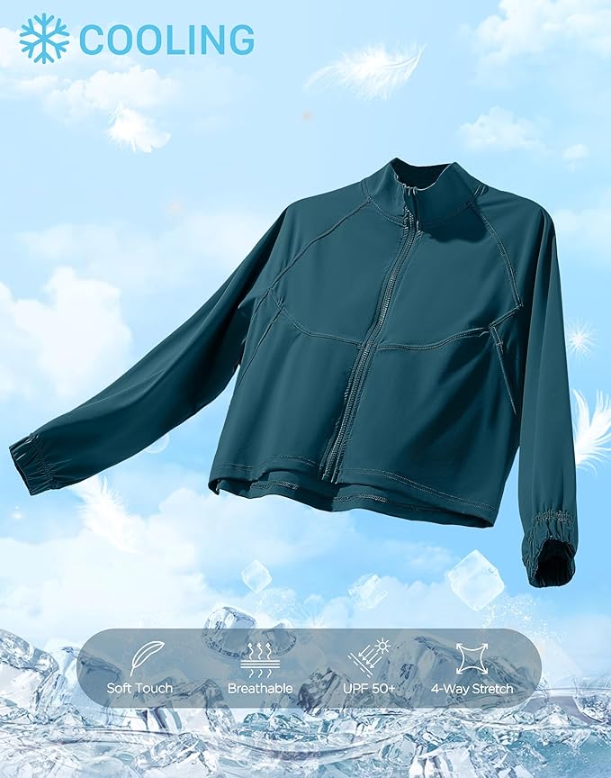 Soothfeel Women's Athletic workout Jacket Lightweight UPF 50+ Long Sleeve Sun Protection Shirts Zip Up Cropped Hiking Tops