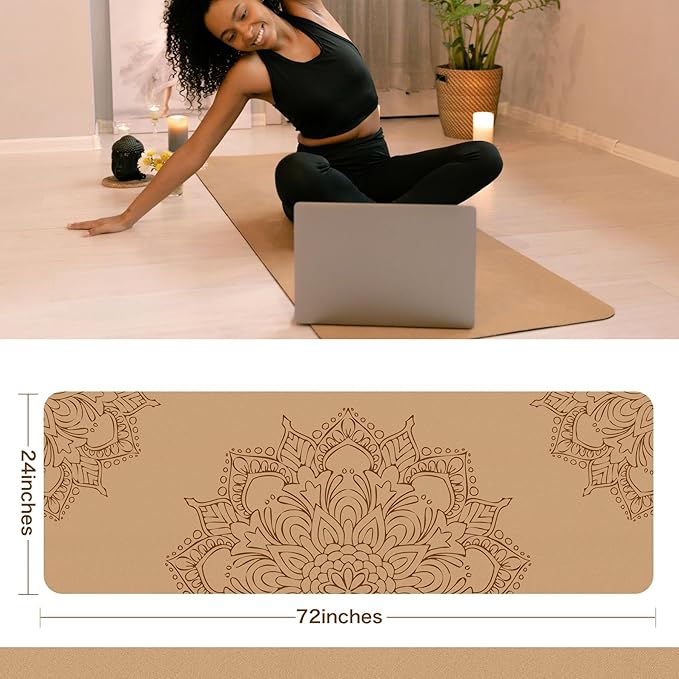 Premium Cork Yoga Mat Non Slip Thick Cork Exercise & Fitness Mat for Yoga, Pilates, & Home Workouts(72" x 24" x 5mm Thick)