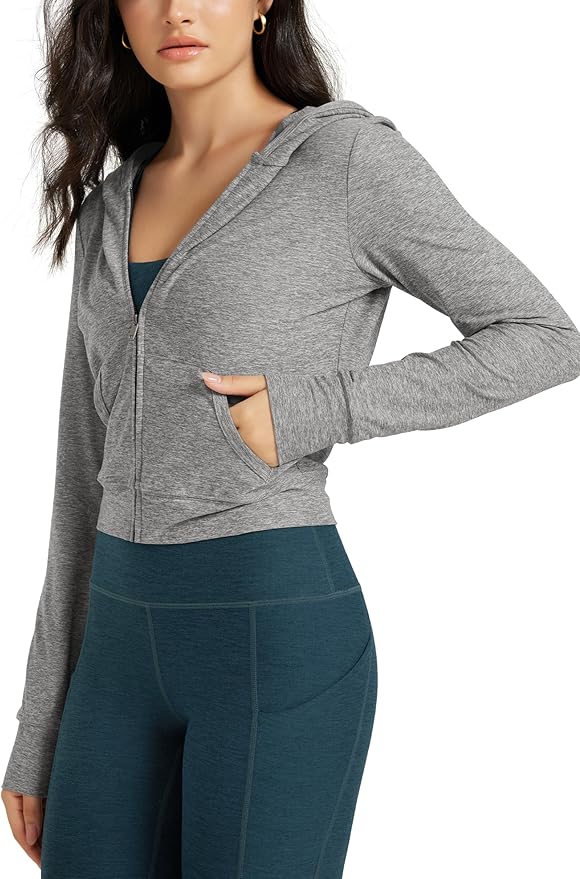 ODODOS Women's Full-Zip Cropped Hoodie - odSTRATUM Tech Ultra Soft UPF 50+ Hooded Jacket with Pockets
