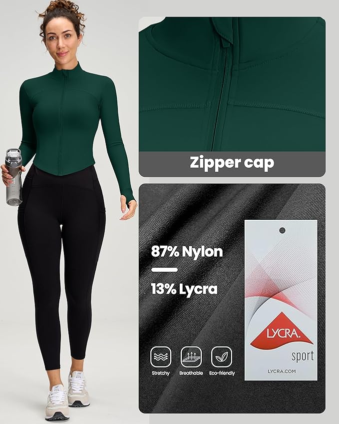 Women BBL Jacket Full Zip UP Workout Athletic Cropped Jacket wIth Thumb Holes Running Yoga Sportswear