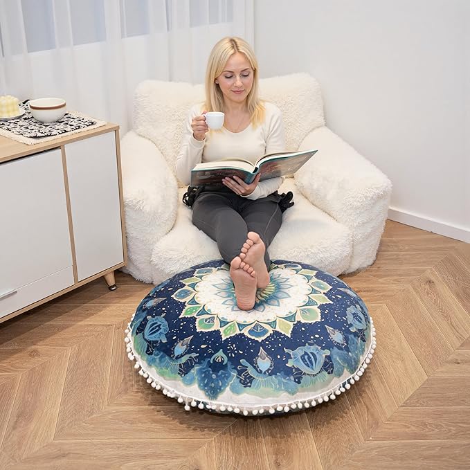 Meditation Cushion 32 Inch Round, Extra Thick Memory Foam Floor Pillow with Removable Washable Cover, Bohemian Mandala Yoga Cushion for Adults - Ideal Gift & Holiday Decor, Green