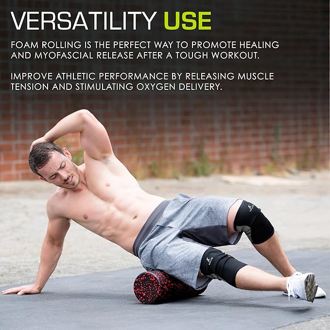 ProsourceFit High Density Foam Rollers 12 - inches long, Firm Full Body Athletic Massage Tool for Back Stretching, Yoga, Pilates, Post Workout Muscle Recuperation, Black/Red