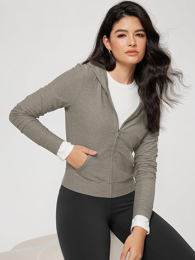 ODODOS Women's Full-Zip Cropped Hoodie - odSTRATUM Tech Ultra Soft UPF 50+ Hooded Jacket with Pockets