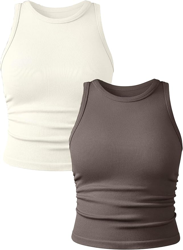 YIOIOIO Women's 2 Pieces Basic Seamless Tank Tops Sleeveless Crew Neck Workout Exercise Crop Camis