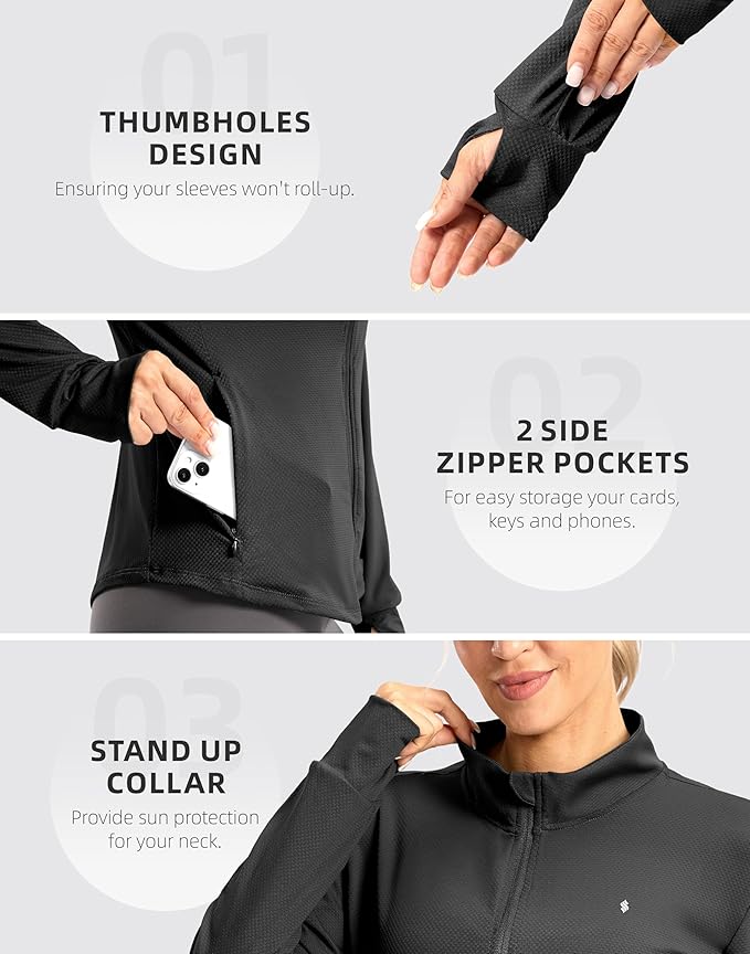 Soothfeel Women's UPF 50+ Lightweight Athletic Jackets Sun Protection Zip Up Long Sleeve Shirts Hiking Workout Outdoor Pocket