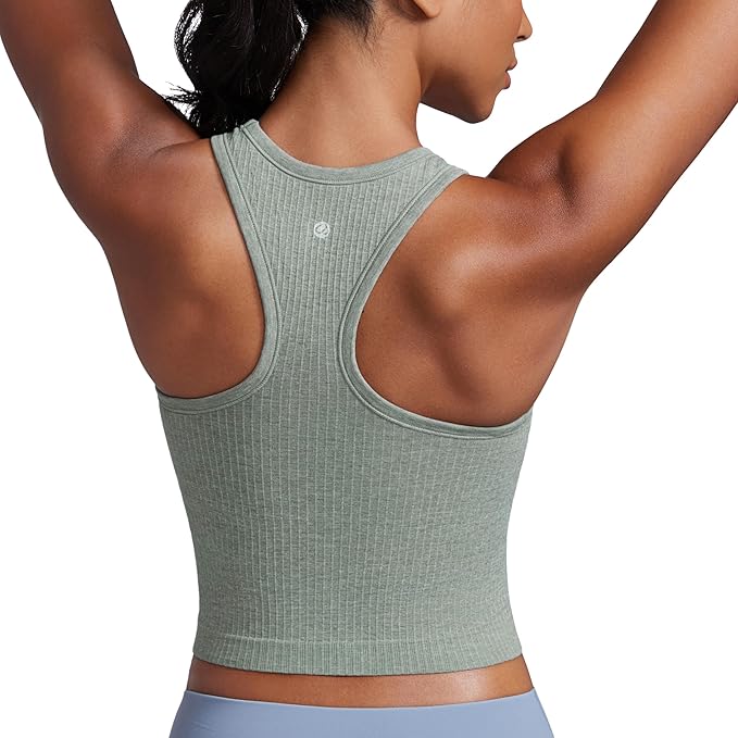 CRZ YOGA Seamless Ribbed High Neck Crop Tank Tops for Women - Longline Racerback Padded Sports Bras