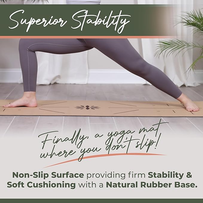 Y O Gayo Premium Yoga Cork Mat | 5mm Thick Natural Tree Rubber Base and Bigger Mat for Extra Support, Alignment lines for Guidance | Non-Slip, Sustainable, Your Ultimate Yoga Companion