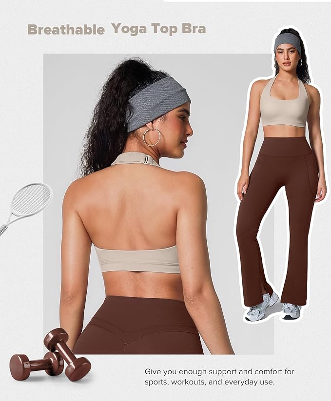 BRXL Halter Sports Bras for Women Adjustable Built in Bra Backless Workout Push Up Bras Low Impact Gym Yoga Tops