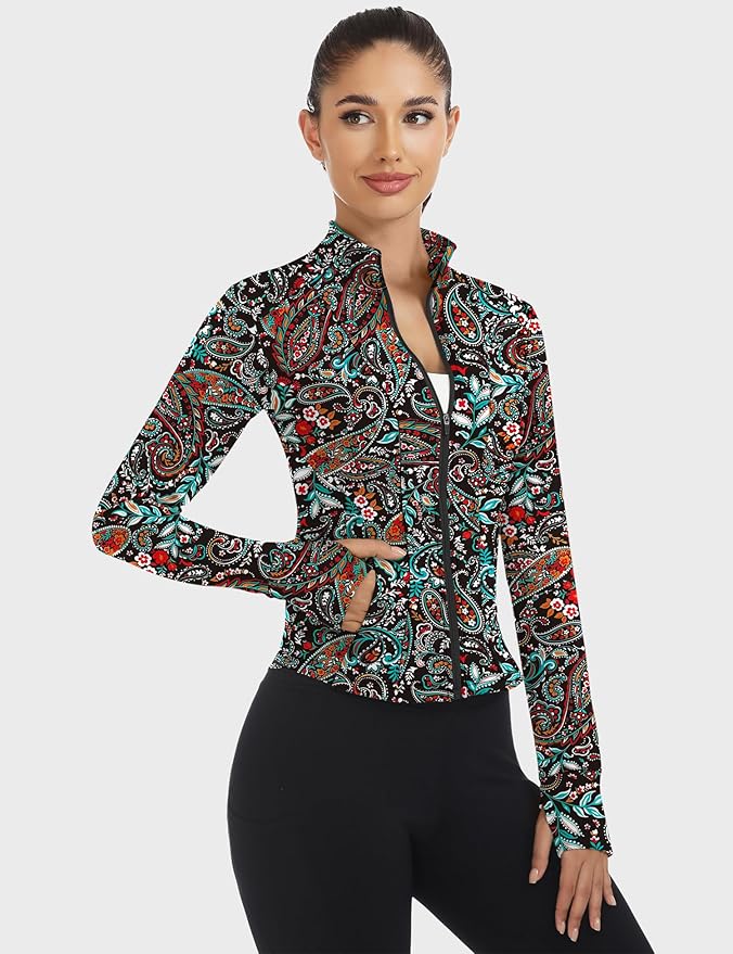 Loovoo Women's Workout Jacket Lightweight Zip Up Athletic Jackets Cropped Slim Fit Running Yoga Tops with Pockets