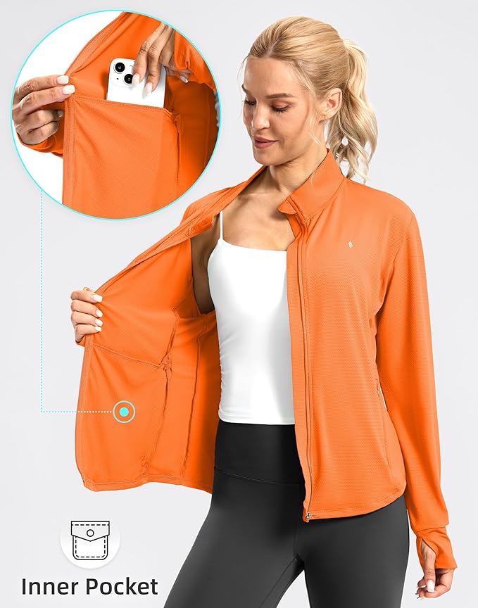 Soothfeel Women's UPF 50+ Lightweight Athletic Jackets Sun Protection Zip Up Long Sleeve Shirts Hiking Workout Outdoor Pocket