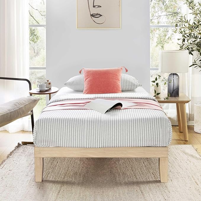 Mellow Naturalista Classic 12 Inch Solid Wood Platform Bed with Wooden Slats, Twin, White Wash