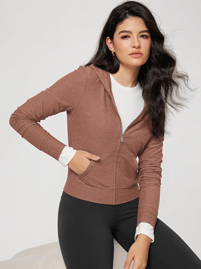 ODODOS Women's Full-Zip Cropped Hoodie - odSTRATUM Tech Ultra Soft UPF 50+ Hooded Jacket with Pockets