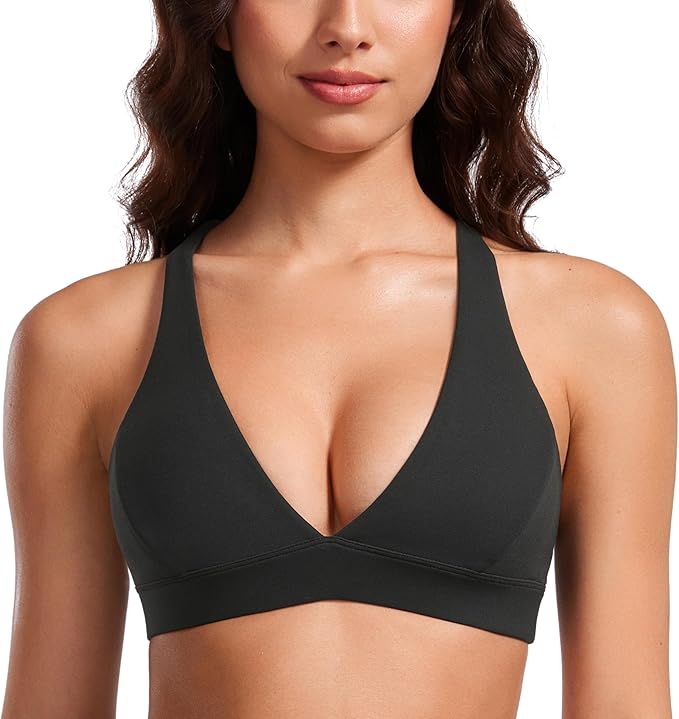 CRZ YOGA Butterluxe Deep V-Neck Sports Bras for Women - Spaghetti Strap Criss Cross Padded Top Low Coverage Wireless Yoga