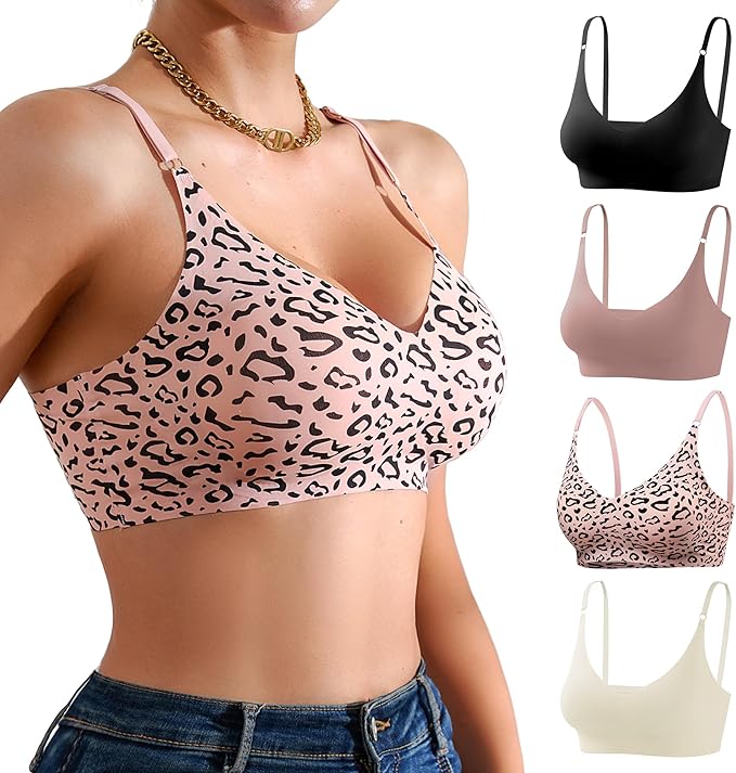 DEANGELMON V Neck Bra Padded Seamless Adjustable Straps Bralettes Everyday Basic Sleeping Bras Multiple Pack