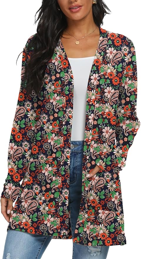 Womens Casual Lightweight with Pocketes Long Sleeve Open Front Cardigan