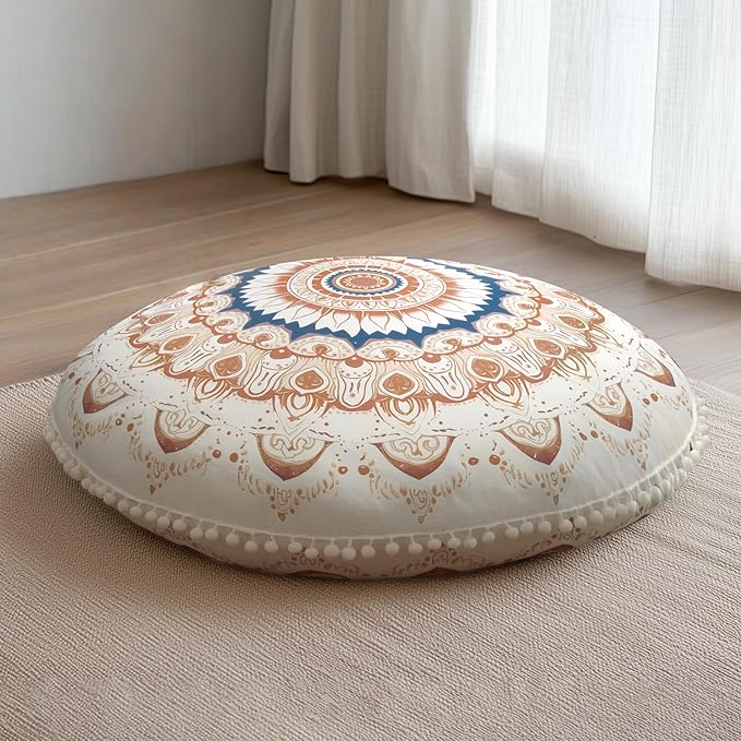 Meditation Cushion 32 Inch Round, Extra Thick Memory Foam Floor Pillow with Removable Washable Cover, Bohemian Mandala Yoga Cushion for Adults - Ideal Gift & Holiday Decor, Brown