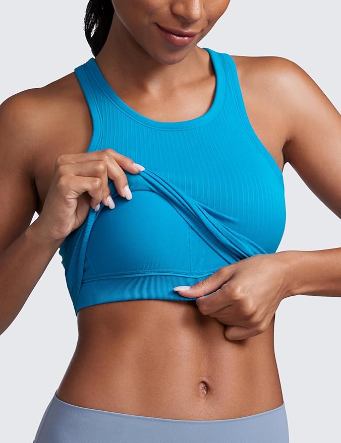 CRZ YOGA Seamless Ribbed High Neck Crop Tank Tops for Women - Longline Racerback Padded Sports Bras