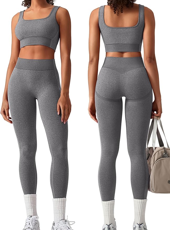 OLCHEE Womens Workout Sets 2 Piece Seamless Square Neck Sports Bra Padded Butt Lifting Leggings High Waist Yoga Gym Outfits