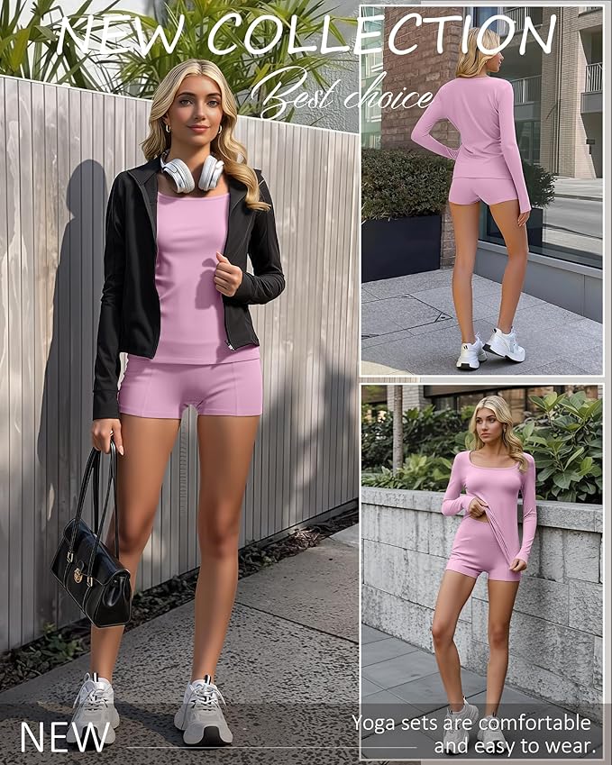 Women Workout Sets 2 Piece Yoga Square Neck Long Sleeve Top Athletic Seamless Short Pockets Sport Gym Run Outfits