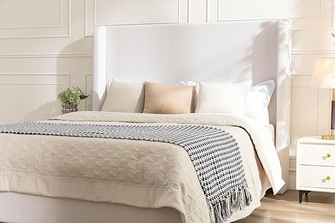 California King Size Upholstered Bed Frame, 54" Tall Headboard Wingback Platform Bed Frames, Elegant Simplicity/Strong Wood Slats Support/No Box Spring Needed/No Noise, Textured Ivory Canvas