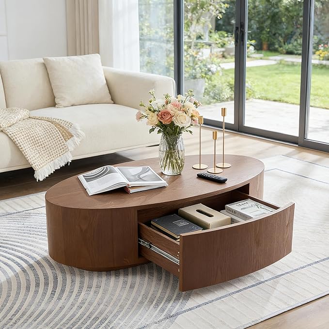 47.24" Oval Wood Coffee Table with Storage Drawer MDF Center Table Side Table for Living Room, Apartment, Office (Dark Walnut)