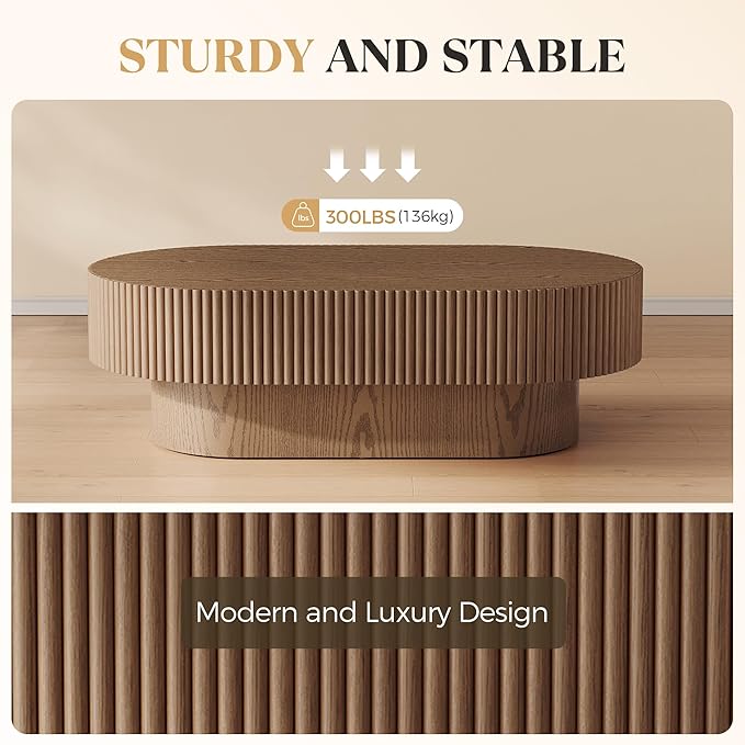 YOUDENOVA 43.7” Oval Coffee Table, Modern Wood Fluted Coffee Table for Living Room, Veneer Handcrafted Relief Center Table with Sturdy Pedestal，Easy Assembly - Walnut