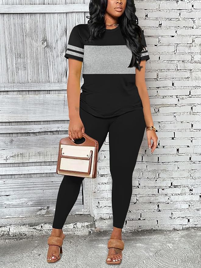 Two Piece Sets for Women Summer Short Sleeve Striped Crewneck Slim Fit Active Casual Sweatsuits
