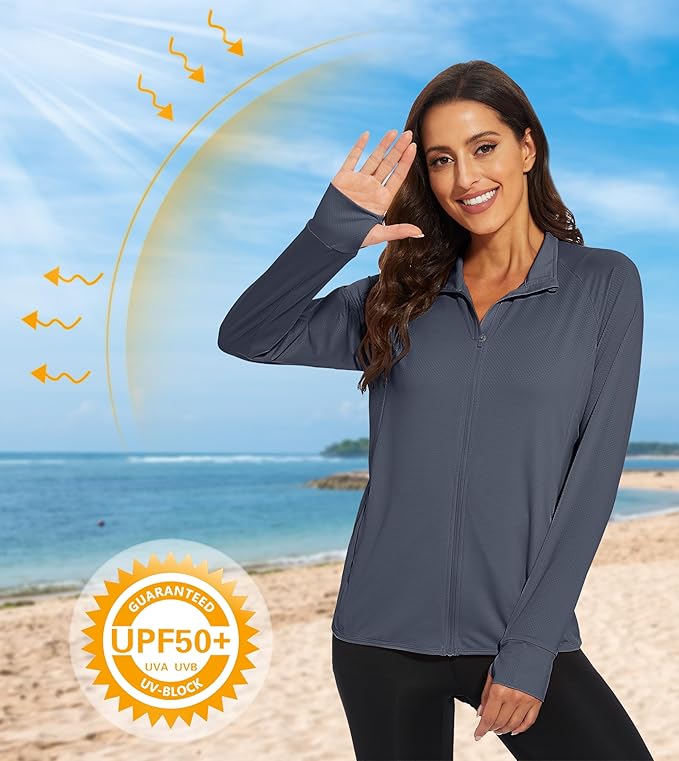 MAGCOMSEN Women's UPF 50+ Lightweight Athletic Jacket Sun Protection Full Zip Long Sleeve Shirts Hiking Outdoor Pockets