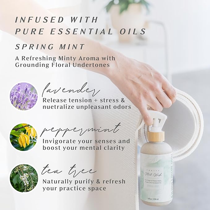 Organic Yoga Mat Cleaner Spray | 8oz Spring Mint with Microfiber Cloth | Made in the USA | Safely and Effectively Cleans All Mats and Pilates + Yoga Accessories
