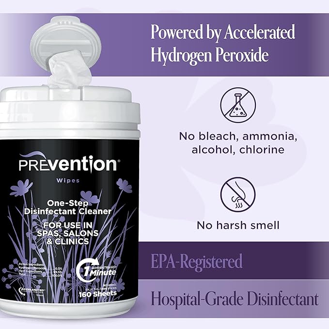 Prevention All Purpose Disinfectant Wipes – Canister of Cleaning Wipes for Salons, Spas, Wellness Centers and Yoga Studios – Hospital Grade Surface Sanitizing – 160 Count (4 Pack)