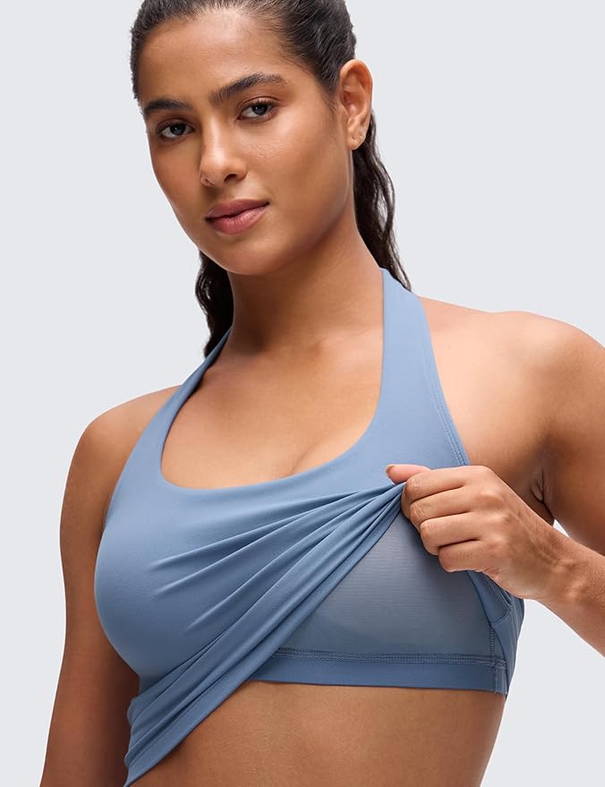 CRZ YOGA Butterluxe Halter Crop Tank Tops for Women - Open Back Padded Longline Sports Bras Workout Gym