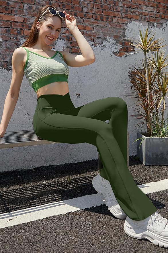 Flare Leggings for Women Yoga Pants with Pockets High Waisted Crossover Flare Leggings Bootcut Casual Yoga Pants