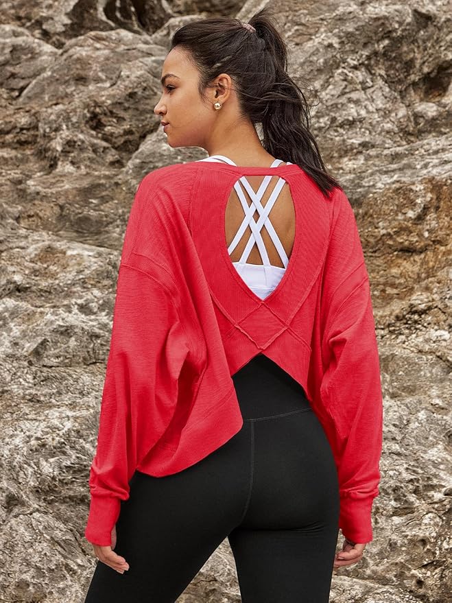 Panadila Womens Open Back Workout Top Long Sleeve Athletic Shirts Casual Crop Running Tee Y2k Yoga