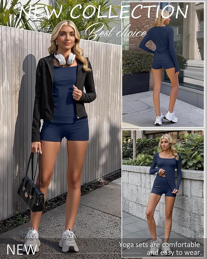 Women Workout Sets 2 Piece Yoga Square Neck Long Sleeve Top Athletic Seamless Short Pockets Sport Gym Run Outfits