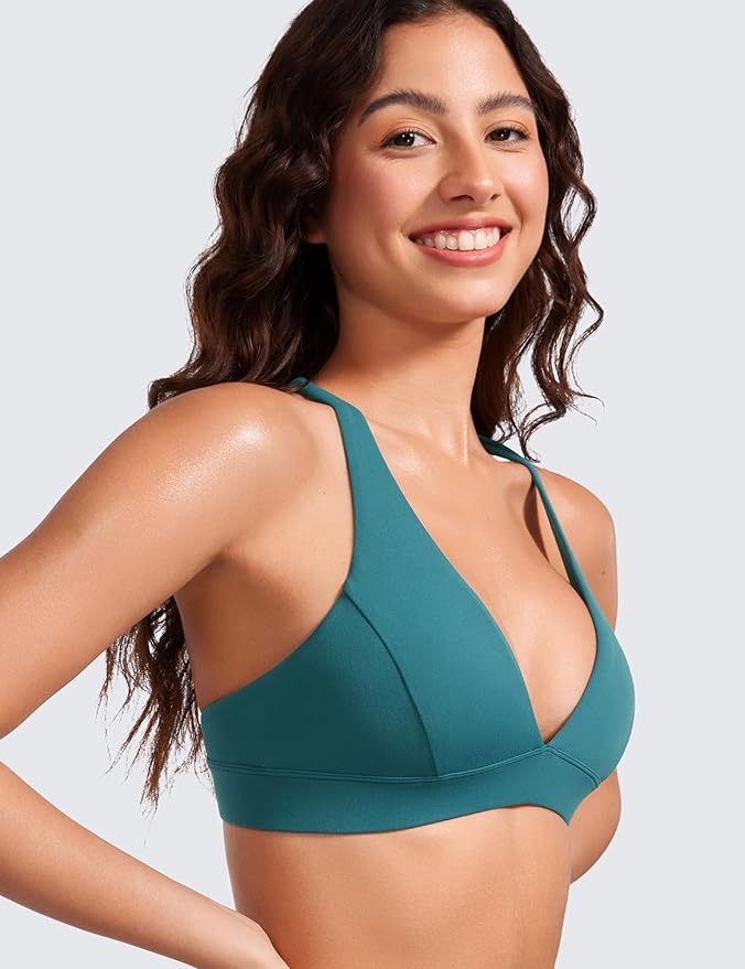 CRZ YOGA Butterluxe Deep V-Neck Sports Bras for Women - Spaghetti Strap Criss Cross Padded Top Low Coverage Wireless Yoga