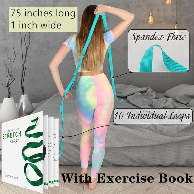 Scotamalone Stretching Strap Yoga Strap Physical Therapy for Home Workout, Exercise, Pilates and Gymnastics, 10 Loops Non-Elastic Stretch Bands with Aesthetic Packaging for Women & Men