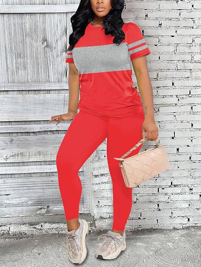 Two Piece Sets for Women Summer Short Sleeve Striped Crewneck Slim Fit Active Casual Sweatsuits